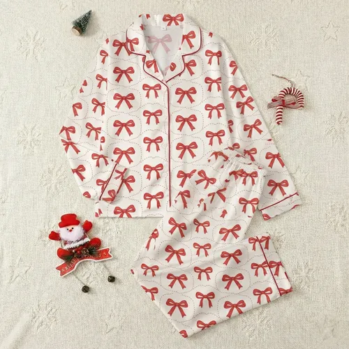 Children's Nutcracker Clara: Hand-Drawn Red Bow & Stitch Soft Knit Loungewear Satin Pajamas Set
