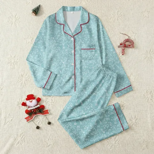 Her Personalized Name Aqua Blue Script & Leaf Pattern Matte Hardcover 5.75"x8" Lined Journal Satin Pajamas Set