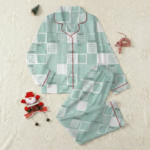 Productivity Seeker's Minimalist Grid & Goals Pattern Pajamas: Mint Green Abstract Sleep Set Satin Pajamas Set