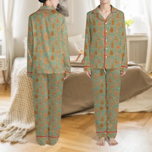 Family Baker Holiday Sleep Set: Sage Green Gingerbread Cookie Pattern Satin Pajamas Set