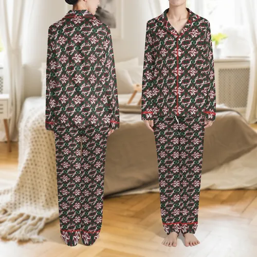 Personalized Family Christmas: Elegant Interlocking Script Name Pattern – Burgundy Emerald Polyester Sleep Set Satin Pajamas Set