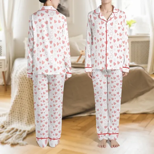 Women's White Crinkle Muslin Pajamas: Pink Heart Pattern - Organic Cotton 3-Piece Set Satin Pajamas Set