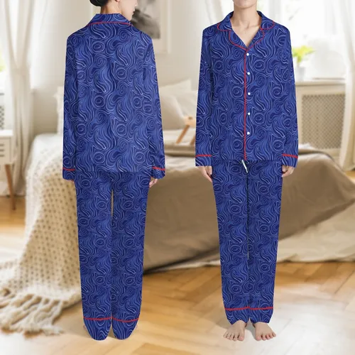 Ladies' Royal Blue Velvet Pajamas: Cobalt Organic Flowing Pattern Long Jacket Set Satin Pajamas Set