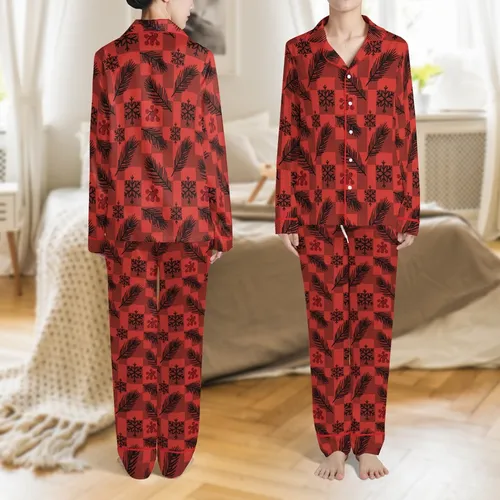 Family Celebrations Traditional Rustic Red Black Buffalo Plaid Pine Branches Berries Snowflake Graphic Satin Pajamas Set