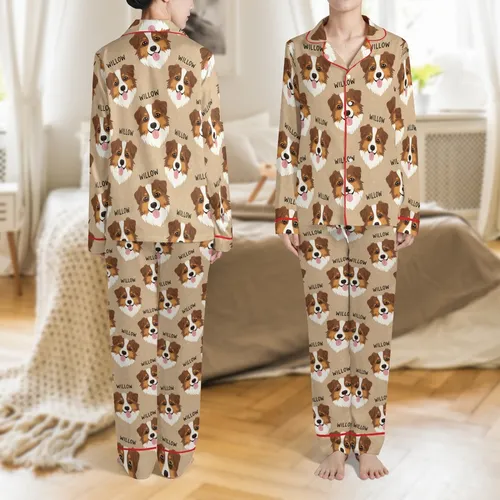 Personalized Pet Photo Pajamas: Custom Dog & Cat Name Portrait Pattern, Soft Brushed Polyester Sleepwear Satin Pajamas Set