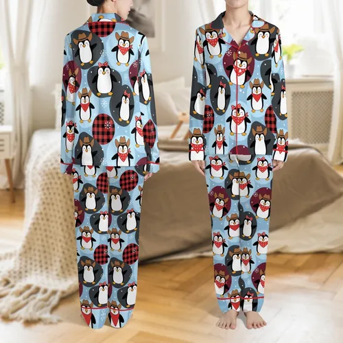 Family & Couples Personalized Penguin Cowboy Hat Plaid Snowflake Flannel Sleepwear Set Satin Pajamas Set
