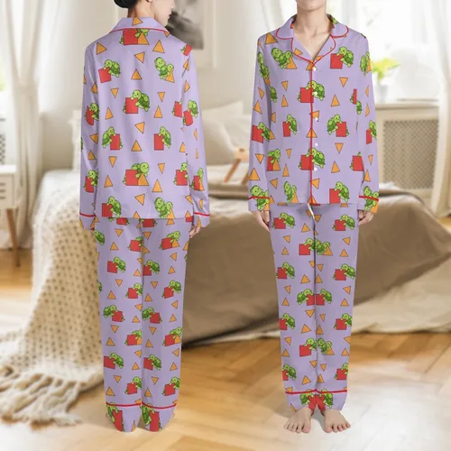 Kids' Cute Anime Style Lavender Purple Geometric Green Turtle Pattern Soft Stretch Pajamas Satin Pajamas Set