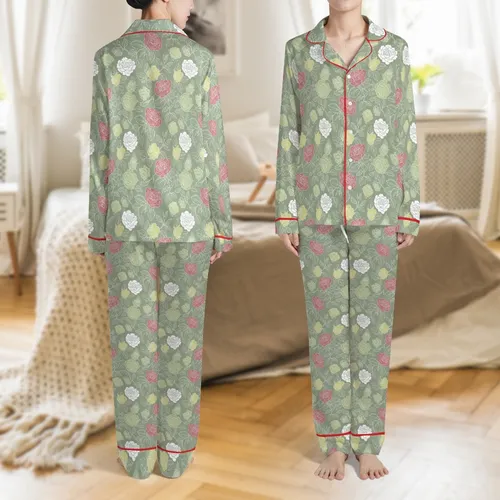 Bridesmaid & Bridal Party Personalized Sage Green Rose Print Satin Long Sleeve Pants Pajamas Set Satin Pajamas Set