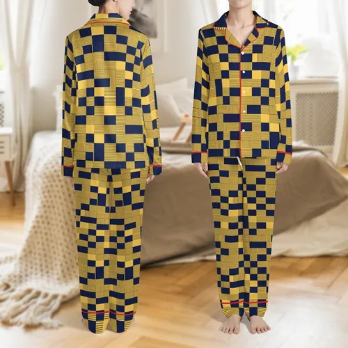 Vizsla Dog Deep Navy Golden Geometric Striped Cotton Blend Pajamas Satin Pajamas Set