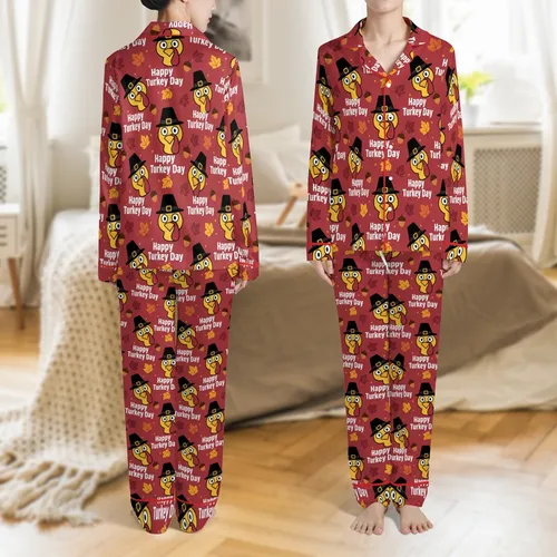 Matching Family Thanksgiving: Pilgrim Turkey Head, Happy Turkey Day & Red Plaid Cotton Blend Sleep Set Satin Pajamas Set