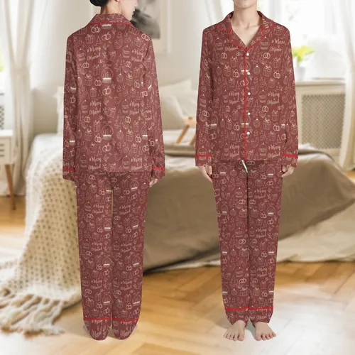 Couples 'Merry & Married' First Christmas Whimsical Garment-Dyed Cotton Pajamas Satin Pajamas Set
