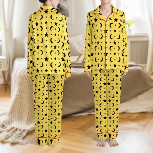 Celestial Enthusiast: Vibrant Lemon Yellow Black Star Moon Seamless Graphic Fashion Accent Satin Short-Sleeve Pajamas Set