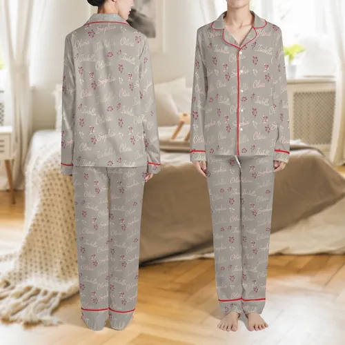 Family Matching Personalized Ribbed Loungewear: Floral Script Name 2-Piece Set Satin Pajamas Set