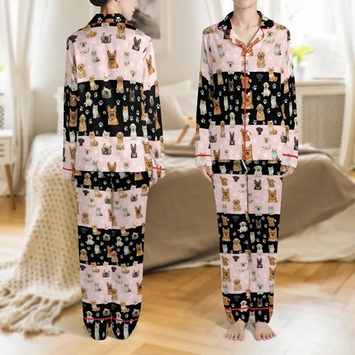 Your Pet's Photo Flannel Pajama Pants: Personalized Realistic Dog & Cat Faces & Paw Prints Satin Pajamas Set
