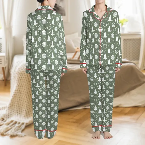 Personalized Family Face Sleep Sets: Olive Green Evergreen & Snowflake Graphic Polyester Satin Pajamas Set