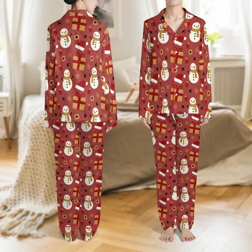 Baby's First Christmas Personalized Whimsical Knitted Snowmen & Santa Hat Pattern Soft Pajamas Satin Pajamas Set