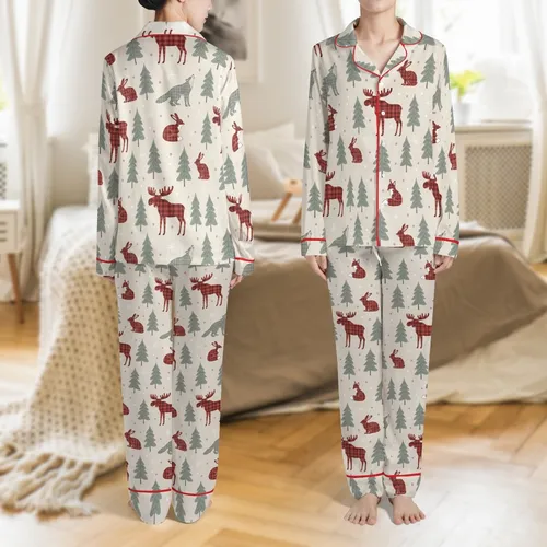 Family & Adult Matching: Rustic Buffalo Plaid Moose Fox Winter Forest Beige Loungewear Set Satin Pajamas Set