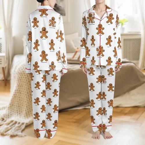 Festive Gingerbread Friends Pattern: Six Expressive Cookie Characters Holiday Sleep Set Satin Pajamas Set