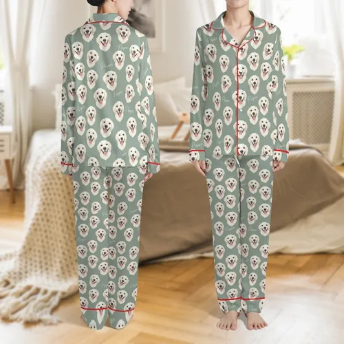 Custom Pet Lover: Golden Retriever Dog Face Sage 'Perper' Pattern Satin Loungewear Set Satin Pajamas Set