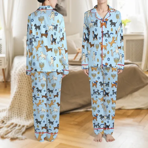 Unisex Family Hanukkah Dogs Pajamas: Light Blue Golden Retriever Dachshund Menorah Wide-Leg Loungewear Satin Pajamas Set