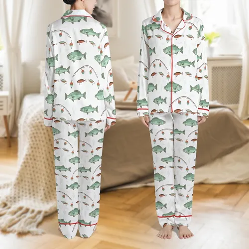 Boys Baby Gone Fishing Whimsical Bass & Trout Pattern Soft Bamboo Sleepers Satin Pajamas Set