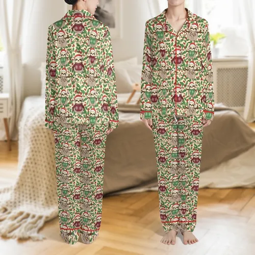Family & Friends Personalized Sloth Christmas Pattern with Holly, Lights & Snowflakes Matching Holiday Pajamas Set Satin Pajamas Set