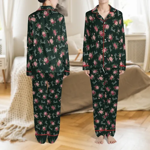 Bridesmaid & Bridal Satin Pajama Set: Forest Green Floral, Rose, Sage 'Bride' Script Short PJ Satin Pajamas Set
