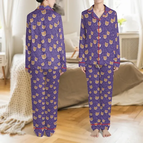 Custom Family Cat Photo Pajamas: Playful Lavender Kitten Face Print - Cozy Spandex Sleepwear Satin Pajamas Set