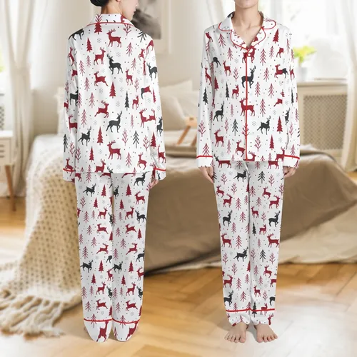 Family Christmas Pajamas: Stylized Cranberry Deer & Pine Trees - Soft Polyester Spandex Sleep Set Satin Pajamas Set