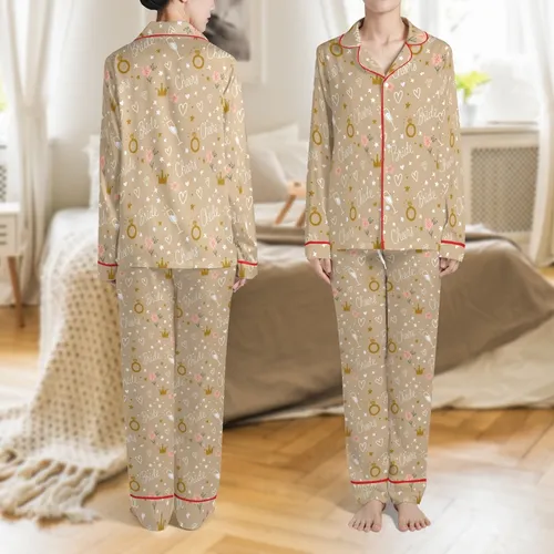 Personalized Bridal Party Satin Pajamas: Custom Name 'Bride & Cheers' Pattern Sleep Set Satin Pajamas Set