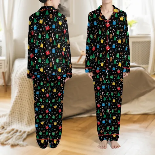 Family Group Christmas Pajamas: 'Most Likely To' Festive Candy Cane & Gingerbread Pattern Satin Pajamas Set