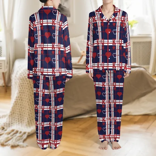Couples' King Queen Heart Plaid Pattern Cotton Flannel Sleep Set Satin Pajamas Set