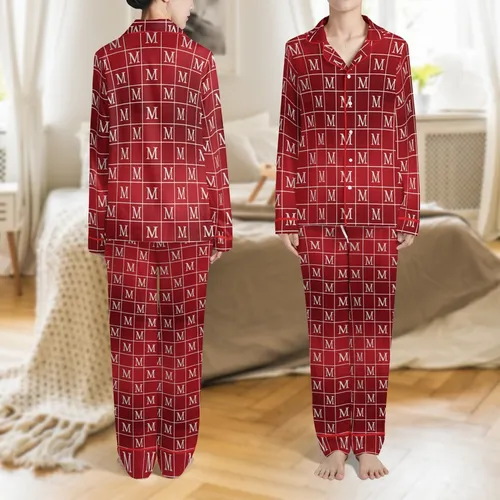 Family Christmas Elegant White Initial Monogram Pinstripe Ruby Red Satin Sleep Set Satin Pajamas Set