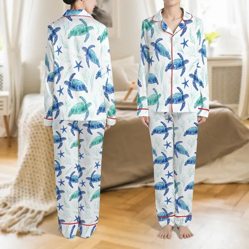 Women's Vibrant Blue Sea Turtle & Starfish Satin Sleep Set Satin Pajamas Set
