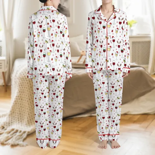 Family Christmas Pajamas Set: Whimsical Wine Glass & Santa Hat Pattern Loungewear Satin Pajamas Set