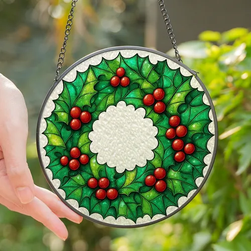 Holiday Enthusiasts' Radiant Emerald Green Stained Glass Christmas Holly Wreath Sparkling Red Berries Stained Glass Suncatcher