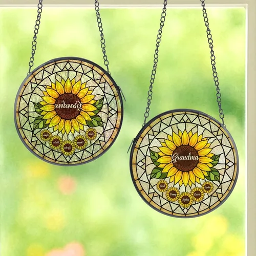 Grandmothers' Intricate Stained Glass Sunflower Mosaic, Golden Amber Hues, & Family Names Stained Glass Suncatcher