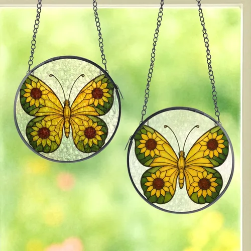 Nature Lovers' Tiffany Stained Glass Butterfly Ornate Sunflower Luminous Yellow Golden Emerald Green Design Stained Glass Suncatcher