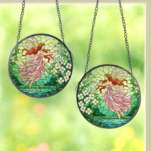 Women's Enchanted Stained Glass Fairy Jewel Tone Pink Red-Orange Green Teal Nature Mosaic Stained Glass Suncatcher