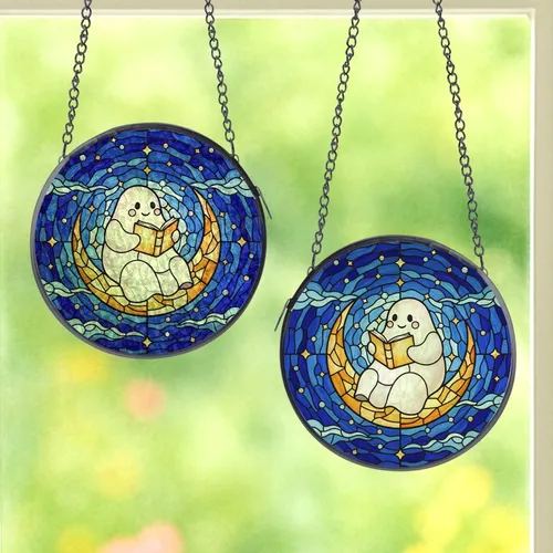 Fantasy Art Lovers' Stained Glass Ghost Reading Moon Mosaic in White Amber Blue Jewel Tones Stained Glass Suncatcher