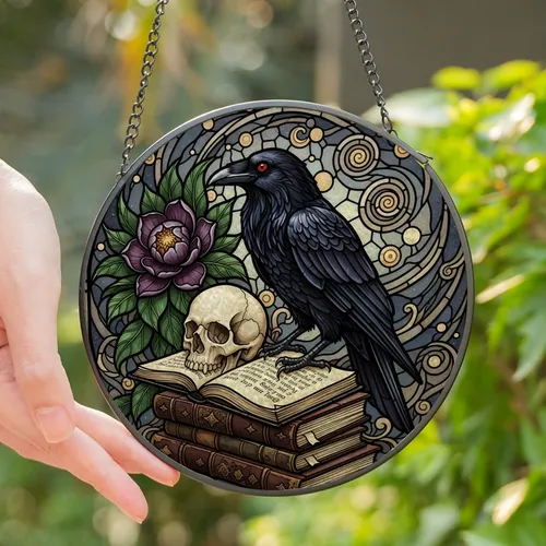 Gothic Fantasy Aficionados' Stained Glass Raven Skull Ancient Books Purple Flower Mosaic Jewel Tones Stained Glass Suncatcher