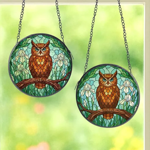 Nature Lovers' Stained Glass Brown Orange Owl Bright Blue Eyes Iris Jewel Tone Mosaic Stained Glass Suncatcher