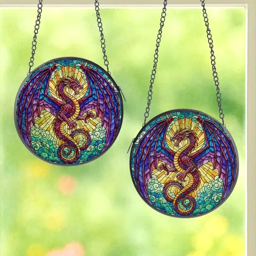 Fantasy Art Lovers' Majestic Western Dragon Stained Glass Mosaic Jewel Tones Celestial Pattern Stained Glass Suncatcher