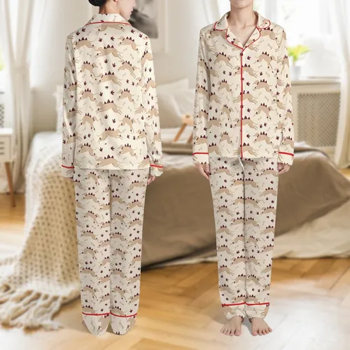 Greyhound Lovers' Playful Beige-Tan Greyhound Silhouettes, Maroon Dinosaur Spikes & Dino Footprint Pattern Satin Pajamas Set