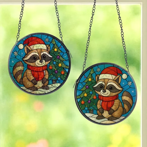 Holiday Animal Lovers' Whimsical Stained Glass Raccoon Santa Hat Christmas Tree Blue Winter Snow Stained Glass Suncatcher