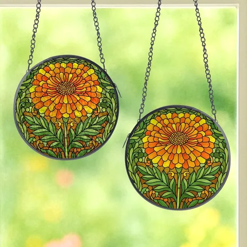 Art Lovers' Tiffany Stained Glass Marigold Flower Vibrant Orange Yellow Emerald Green Mosaic Stained Glass Suncatcher