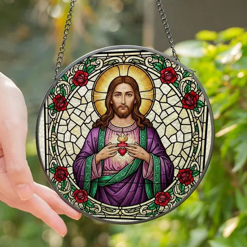 Faith-Inspired Tiffany Stained Glass Jesus Christ Sacred Heart Ruby Gold Rose Mosaic Edge-to-Edge Stained Glass Suncatcher