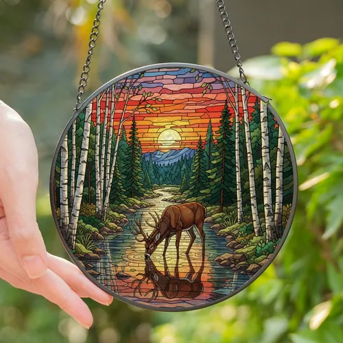 Nature Lovers' Tiffany Stained Glass Majestic Buck, River Forest Sunset, Jewel Tone Mosaic Art Stained Glass Suncatcher
