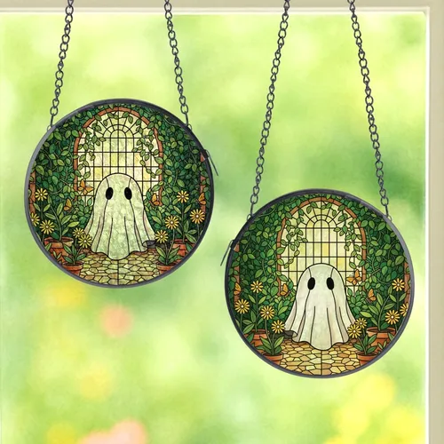 Cozy Aesthetic Fans' Deep Green Warm Yellow Stained Glass Whimsical Ghost Greenhouse Mosaic Stained Glass Suncatcher