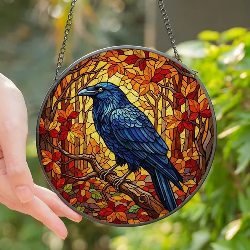 Nature Art Lover's Iridescent Raven Stained Glass Autumn Forest Mosaic Stained Glass Suncatcher